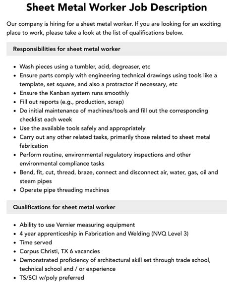 residential sheet metal worker|sheet metal worker responsibilities.